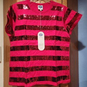 DG2 By Diane Gilman Pink Sequin Short Sleeves Women's Cotton Top Size Medium NWT